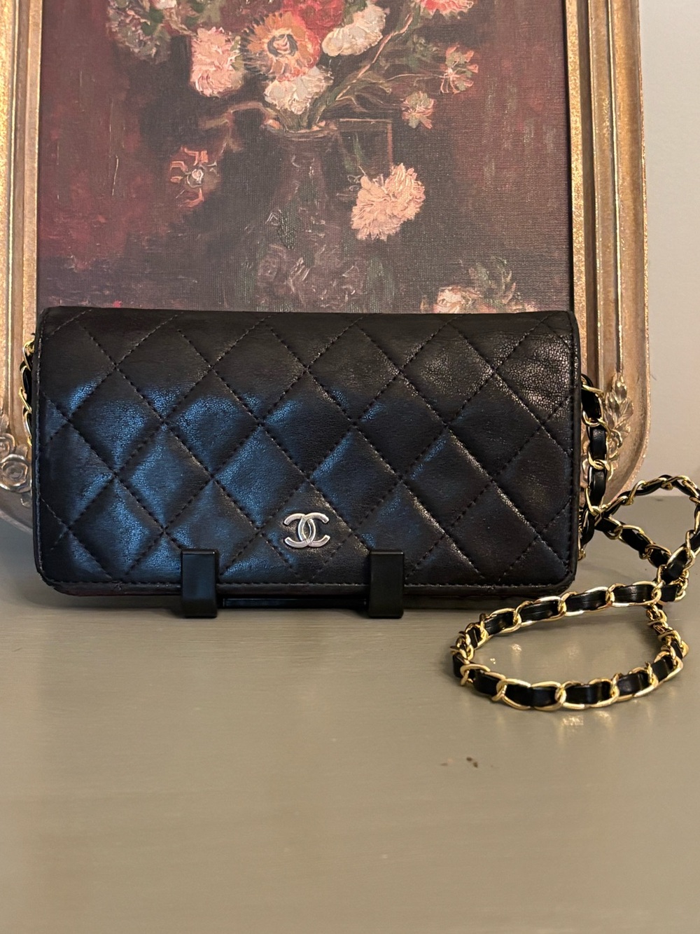 CHANEL Black Quilted Lambskin Leather Long Flap Wallet